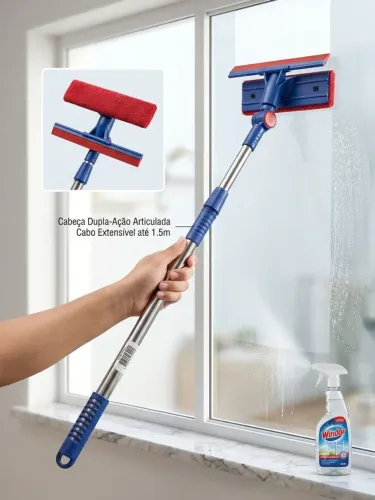 Limpador de Vidros com Cabeça Articulada e Cabo Extensível