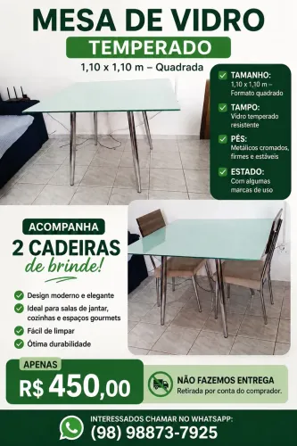 Mesa de Vidro Quadrada 1,10 x 1,10 M