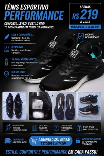 Tênis de Corrida Masculino Preto Performance - Com Amortecimento Premium