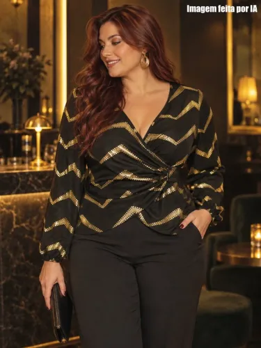 Blusa feminina envelope festa balada preto e dourada Shein - Ref. 6420