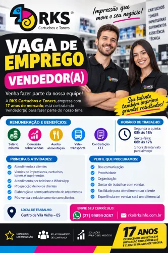Vaga Vendedor(a) - CLT + Comissão + Benefícios - Vila Velha