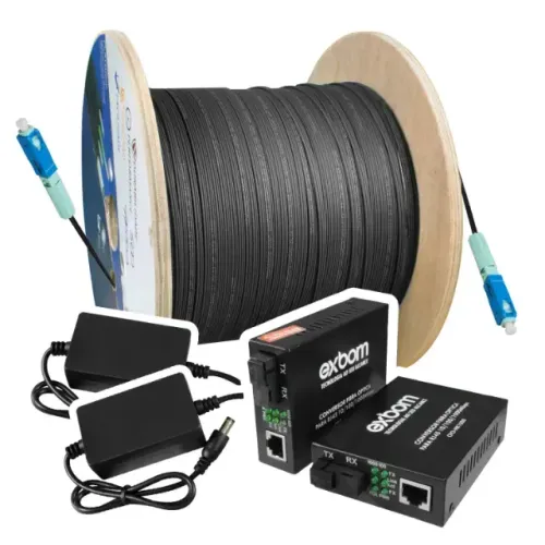 Kit Conversor de Mídia SC para RJ45 Fibra Óptica para Cabo de Rede + 2 Patch Cords + 100 M