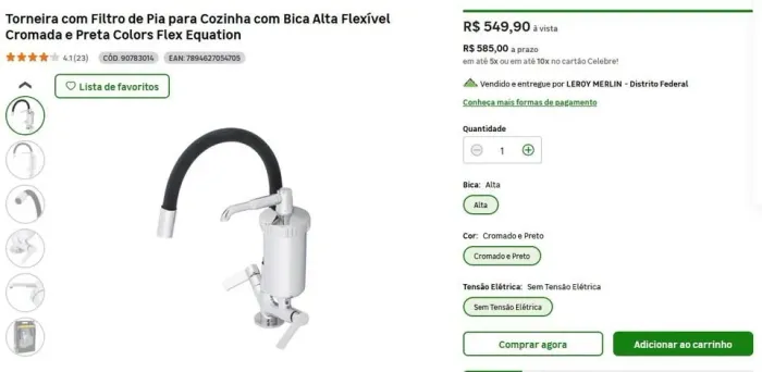 RETIRADA TAGUATINGA Torneira com Filtro de Pia para Cozinha com Bica Alta Flexível Cromada