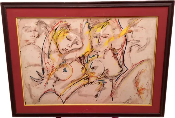 Quadro Grande Com Vidro, Pintura Óleo Sobre Tela. Abstrato