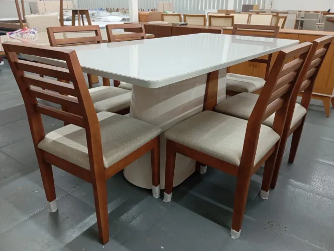 Mesa de Jantar com 6 Cadeiras em Madeira e Tampo Branco