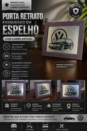 Porta retrato, 10x18cm, com imagem de carro antigo, gol quadrado, fosqueado, para decorar