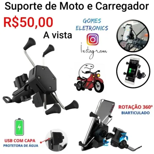 Suporte de celular para Moto, modelo garra de metal e giro de 360 ° com usb carga 5v
