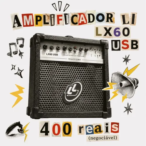 *Amplificador LI LX60 USB 15W RMS Bivolt - Entrada P10, USB, Microfone e Violão*