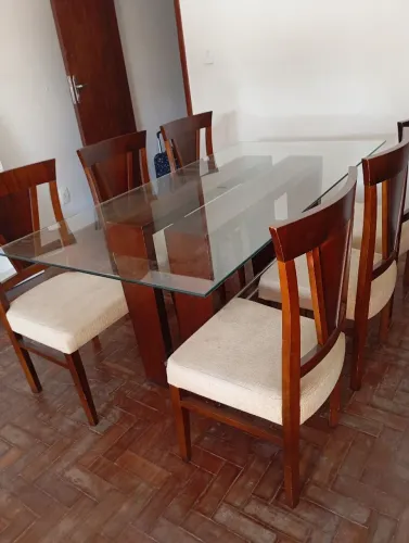 Mesa Com 6 Cadeiras Líder Móveis Madeira Maciça Tampo Vídro grosso material qualidade