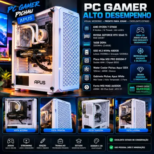 PC Gamer Ryzen 7 5700X RTX 5060 Ti 8GB 16GB RAM 480 GB NVME