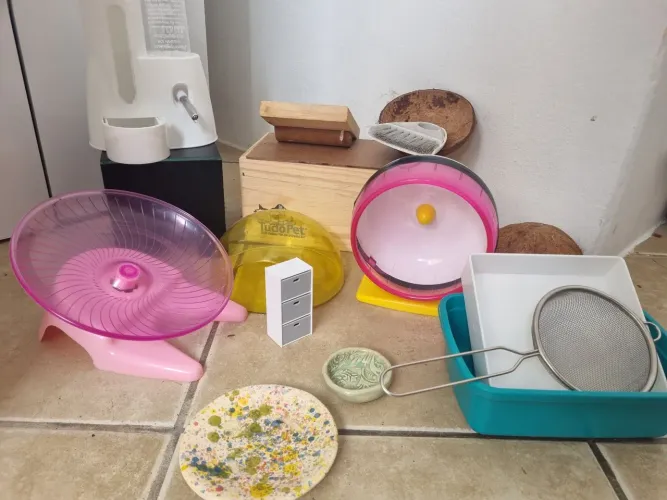 Kit para hamster, rodinha, comedouro e brinquedos