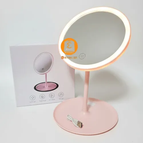 Espelho de Mesa Luzes LED em 3 Cores Recarregável para Maquiagem com Base Porta Objetos