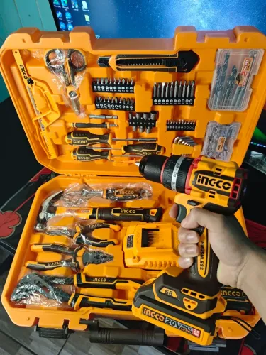 Kit de Ferramentas INGCO 166 Peças + Parafusadeira/Furadeira Brushless 20V