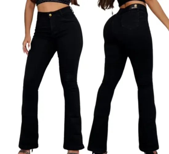 Calça jeans feminina boca de sino preta