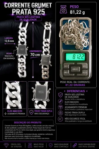 Corrente prata 925 unisex modelo 3x 1