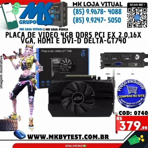 PLACA DE VIDEO 4GB DDR5 PCI EX 2.0,16X VGA, HDMI E DVI-D DELTA-GT740