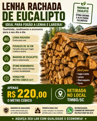Lenha Rachada de Eucalipto 30cm - R$ 220 o m³ - Timbó/SC