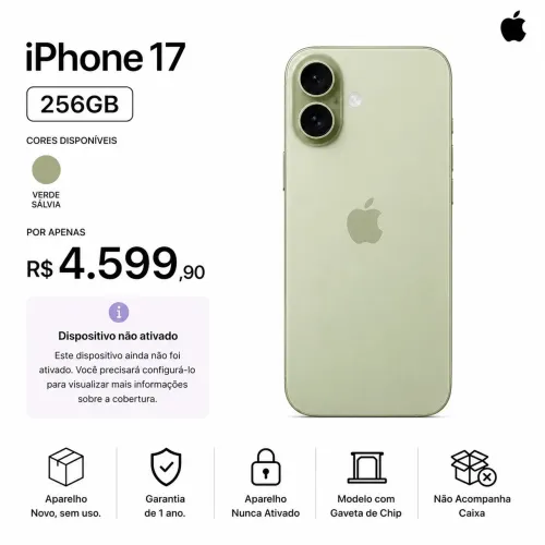 iPhone 17 256GB Verde Sálvia Novo Nunca Ativado com Garantia Open Box