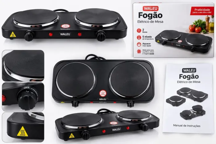 Fogão Elétrico Portátil 2 Bocas Ou 1 Boca Cooktop Mesa Inox com Controle de Temperatura 10