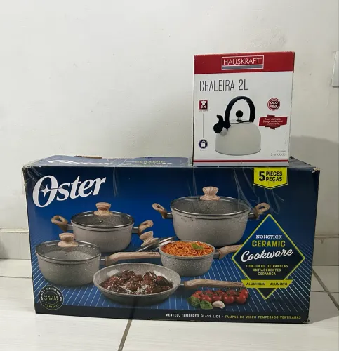 Kit Cozinha: Jogo de Panelas Oster Cerâmica/Indução (5 Pçs) + Chaleira Inox Haüskraft 2L
