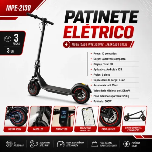 Patinete Elétrico 500W Dobrável com Aplicativo