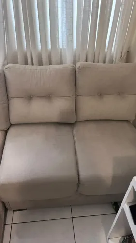 Sofá de Canto em L - Bege - Com Puff e Porta-Copos