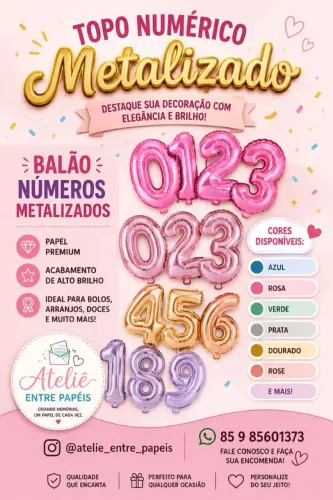 Kit números topo de bolo 0 ao 9 efeito balao