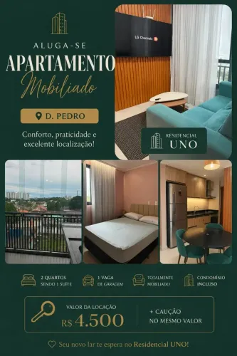 CONDOMINIO UNNO DOM PEDRO COM 63M², 2 QUARTOS SENDO 1 SUITE - ALUGUEL