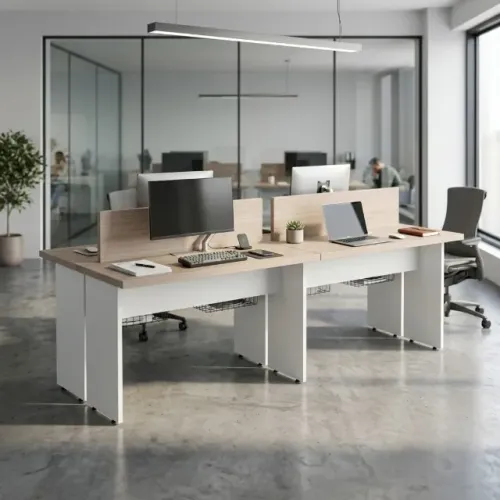 Mesa De Escritório Dupla Para Quatro Lugares Com Divisória Cor Fresno e Branco 71120