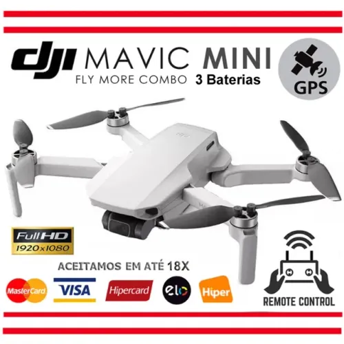 Drone DJI Mavic Mini FHD 4Km 30min + Controle Rádio + 3 Baterias, Maleta, Novíss, NF, Gar