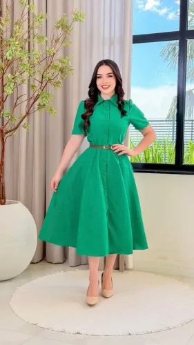 Vestido Midi Feminino Evangélico Social Manga Curta com Botões Moda Casual