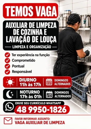 Vaga Auxiliar de Limpeza Noturno e Diurno