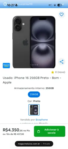 Iphone 16 256gb preto usado /novo