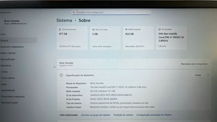 Notebook Dell i7 512SSD 16GB RAM