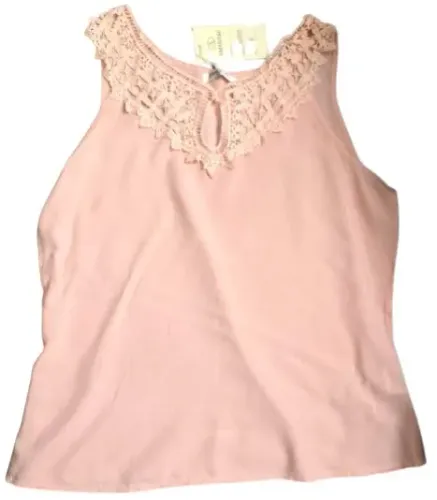 Blusa regata feminina rosa salmão c/ renda no decote -- algodão & poliéster (tamanho G)