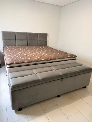 Conjunto Cama Box Super King + Colchão + Baú + Cabeceira + Puff