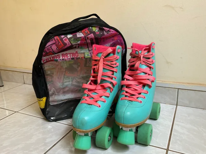 Patins Quad Retrô Oxer Secret Tam 37/38 Verde/Rosa + Bolsa Bag