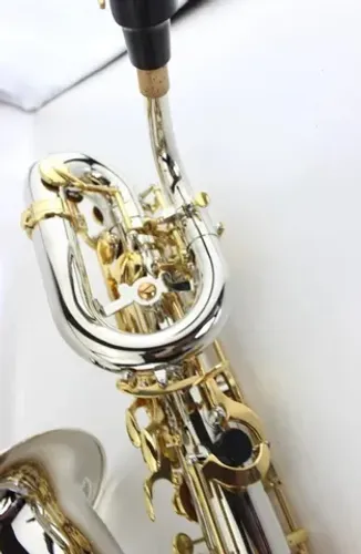 sax baritono Eb prateado com chaves douradas luthieria prosperar margewate estojo término 