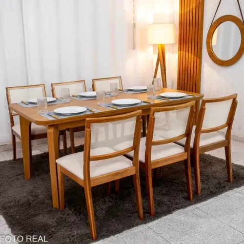Mesa de Jantar Londrina 180x90 Cinamomo Rufato + 6 Cad. Dubai Linho 