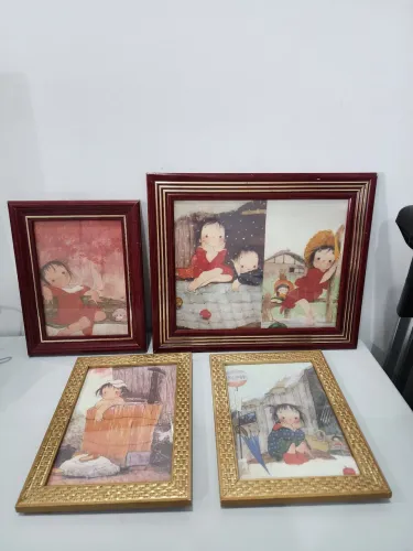 Kit 4 quadros gravuras crianças asiáticas papel de carta importado raro vintage Keibun Ota