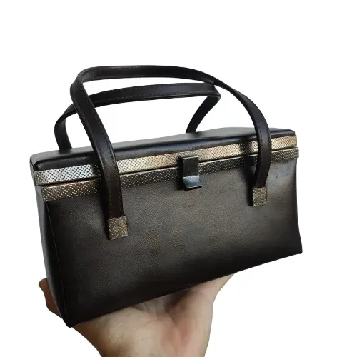Antiga vintage necessaire bolsa em couro marrom escuro com alça de mão com espelho (usado)