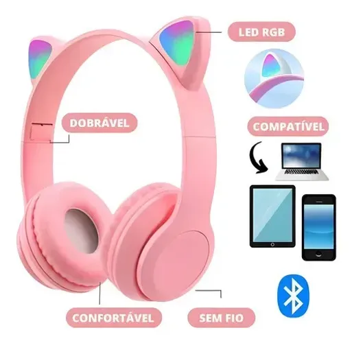 Fone Bluetooth Orelha De Gato Led Colorido Rosa