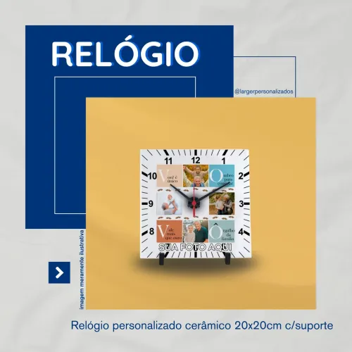 Relógio Personalizado Cerâmico 20x20cm com suporte 