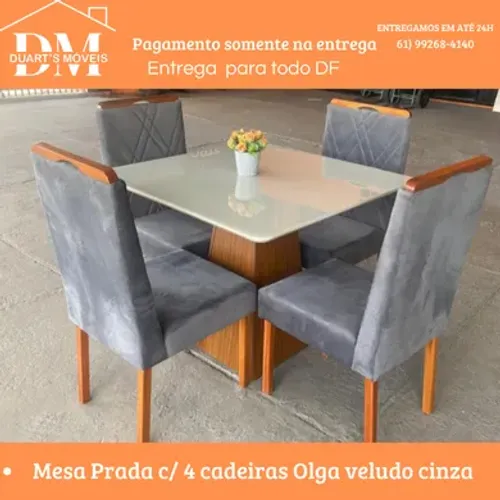 Mesa Prada 90x90 c/ 4 cadeiras Olga veludo-Preço de Fábrica e Pagamento Só na Entrega