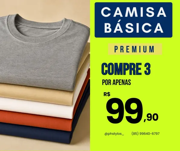 Camisas básicas premium 100% Algodão- Compre 3 por R$99,90