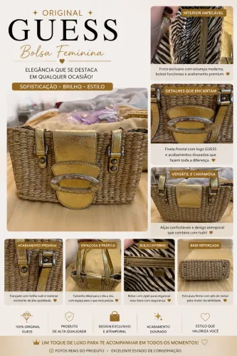 Linda Bolsa  Guess é um modelo de palha/trançado com detalhes em dourado!