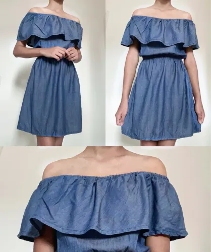 Vestido jeans de algodão ombro a ombro acinturado manga ciganinha camponesa (16 anos)