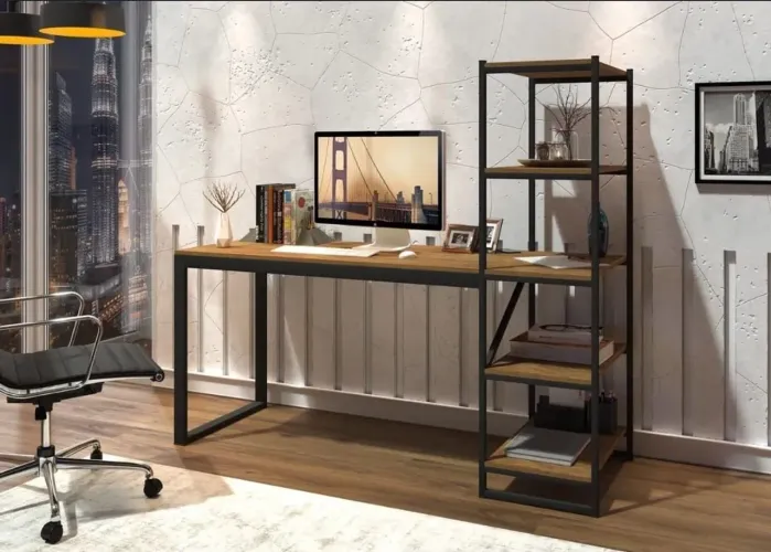 ? Escrivaninha Industrial com Estante Lateral - Moderna ?