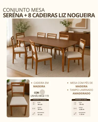 MESA DE JANTAR 100% MADEIRA LARGURA 2.50, COM 8 CADEIRAS 100% MADEIRA