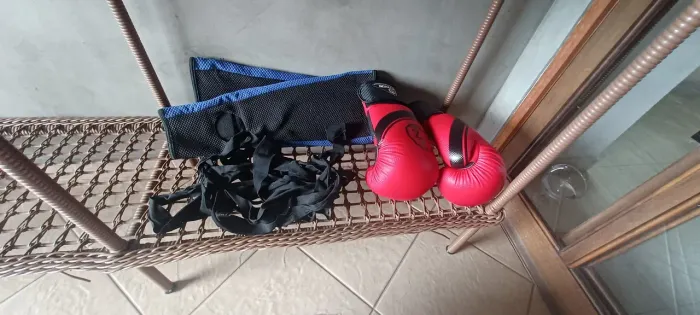 Luvas, caneleira e faixa para lutas